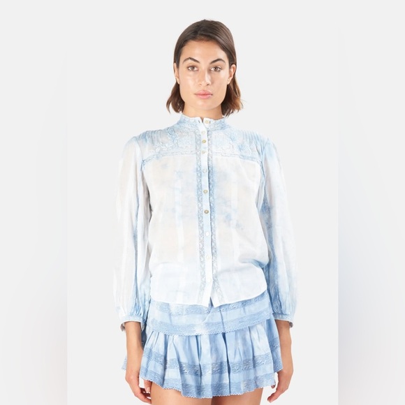 LoveShackFancy Ronda Button Down Pacific Indigo Hand Dye Embroidered Top, Size S - Picture 2 of 12